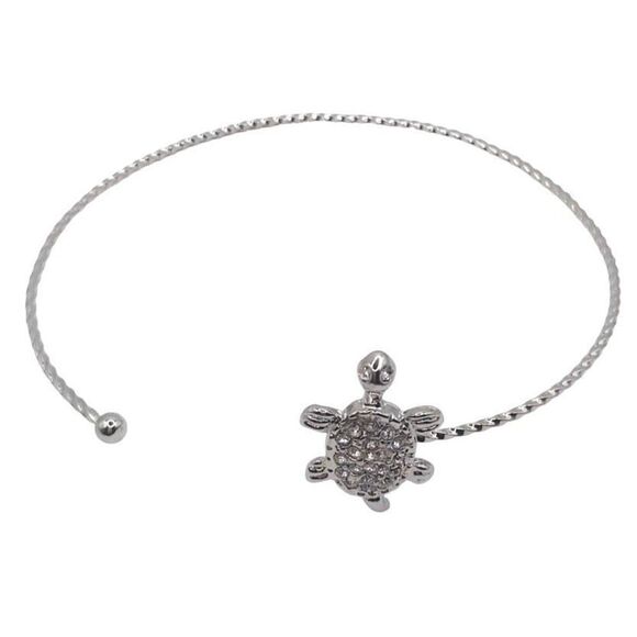 Silver Turtle Charm Dainty Cuff Bracelet - Picture 2 of 8